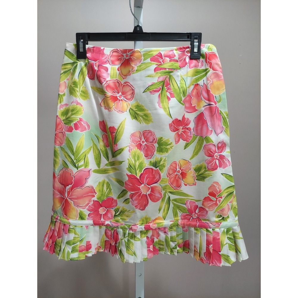 Dressbarn Floral Ruffle Hem Skirt Tropical Botanical Cotton Size 8 Preppy Bright